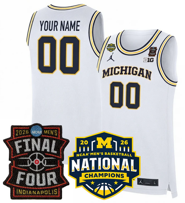 Men's Michigan Wolverines ACTIVE PLAYER Custom White 2025/26 Final Four & National Champions Patch Stitched Basketball Jersey